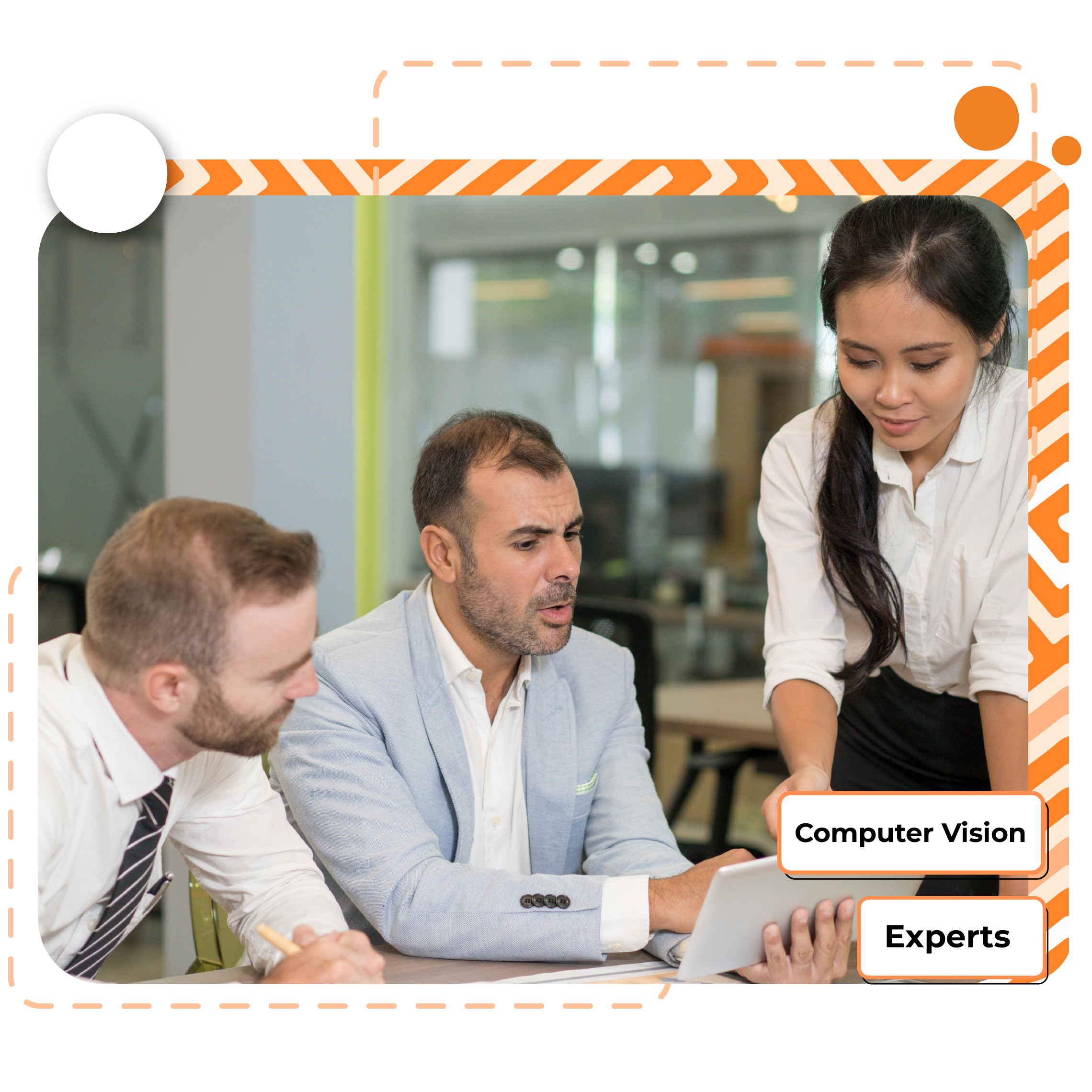 Business professionals reviewing a laptop with Computer Vision and Experts background text.