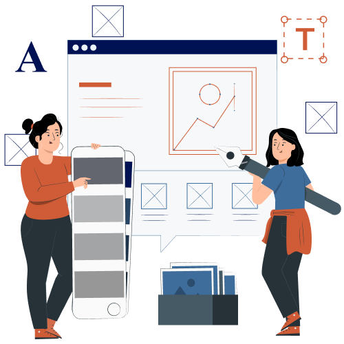 Illustration_showing_women_building_user_design_with_uiux_elements