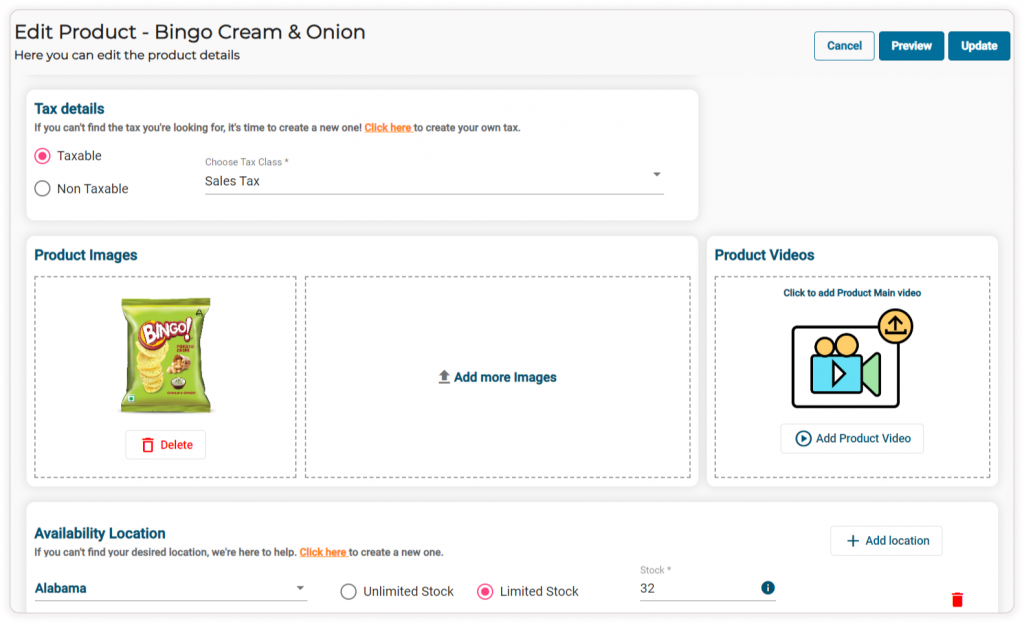 Tax rates by product category - Edit product page