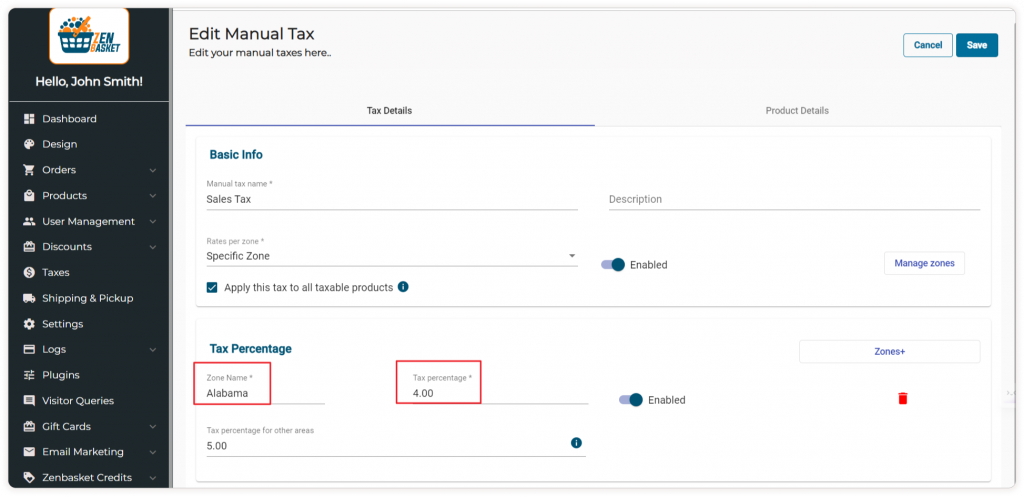 Calculating taxes in real time -setting