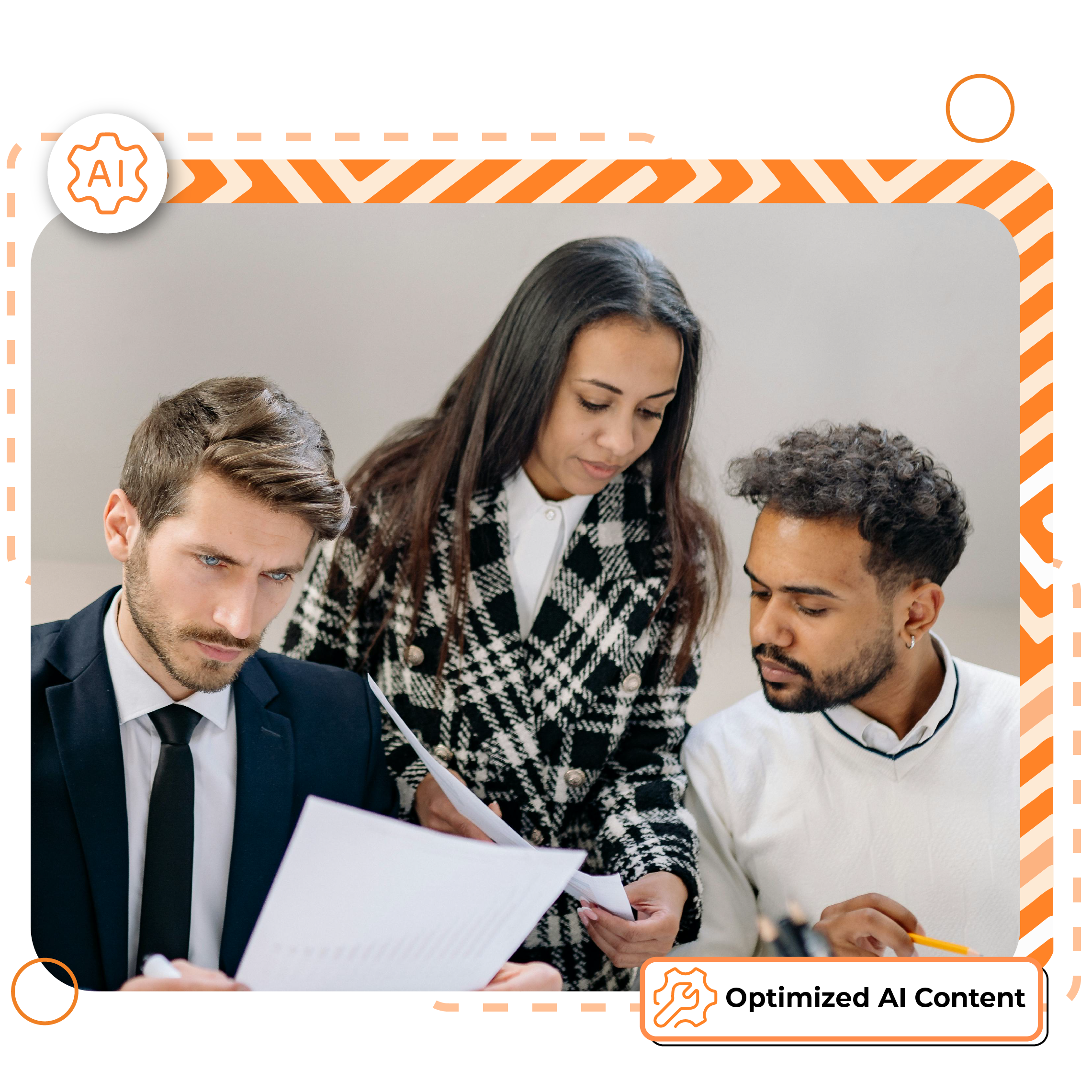 Team reviewing documents with AI-themed overlay