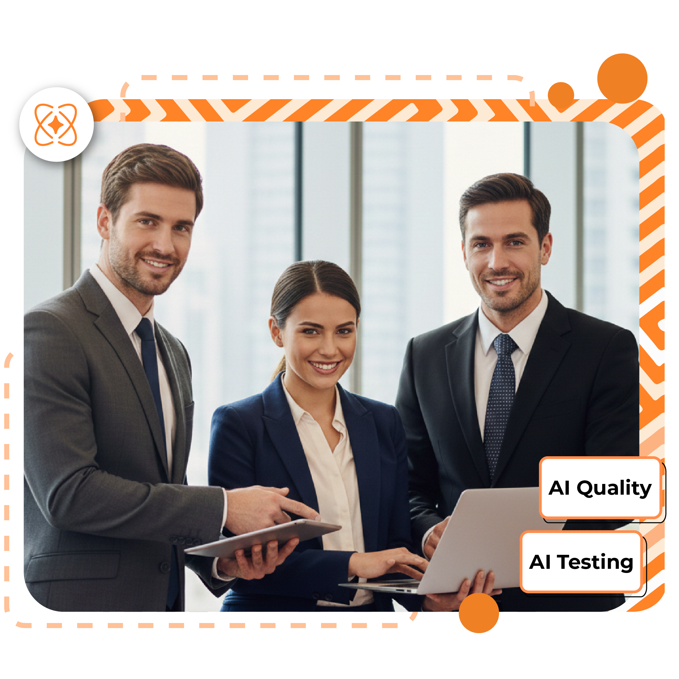 Three professionals reviewing a laptop and tablet, with “AI Quality” and “AI Testing” text displayed.