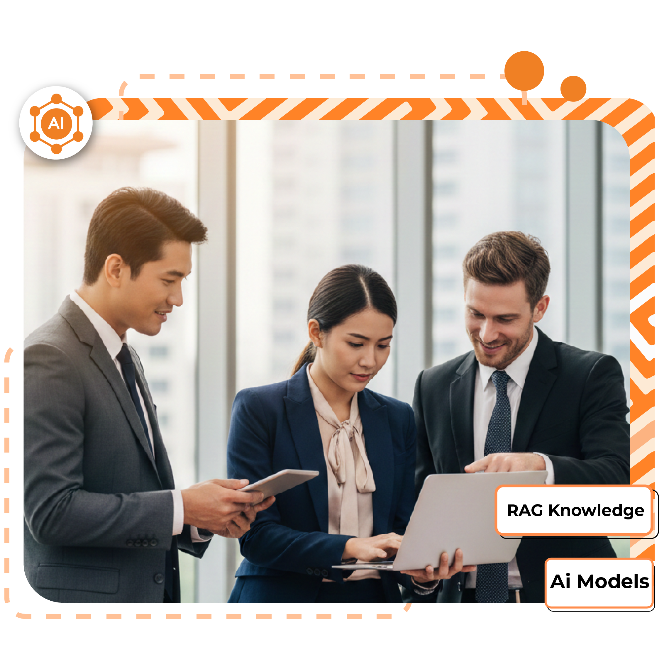 Three business professionals using a laptop, with text highlighting RAG Knowledge and AI Models.