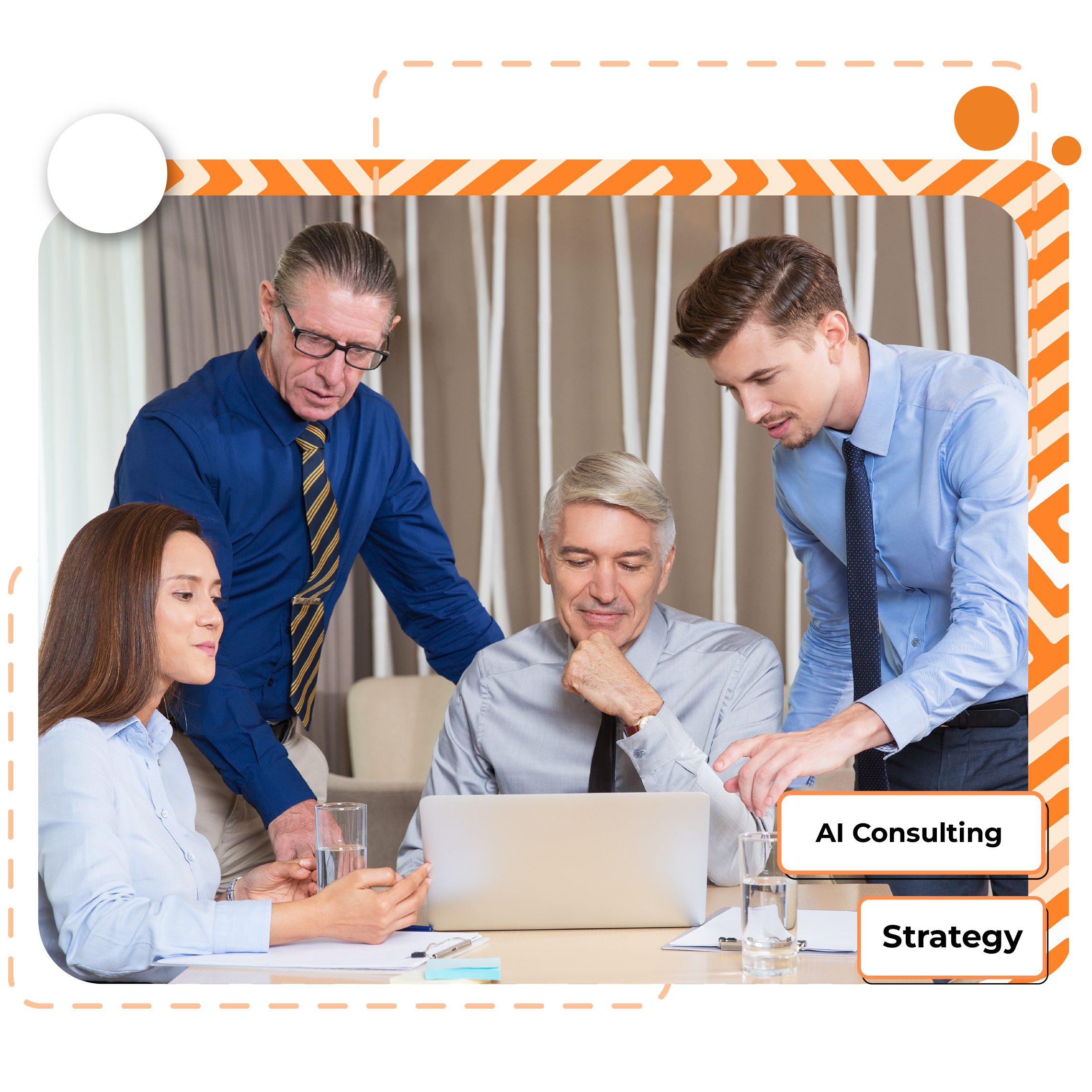Business-team-collaborating-around-a-laptop-during-a-discussion-with-AI-Consulting-and-Strategy-text-in-the-background