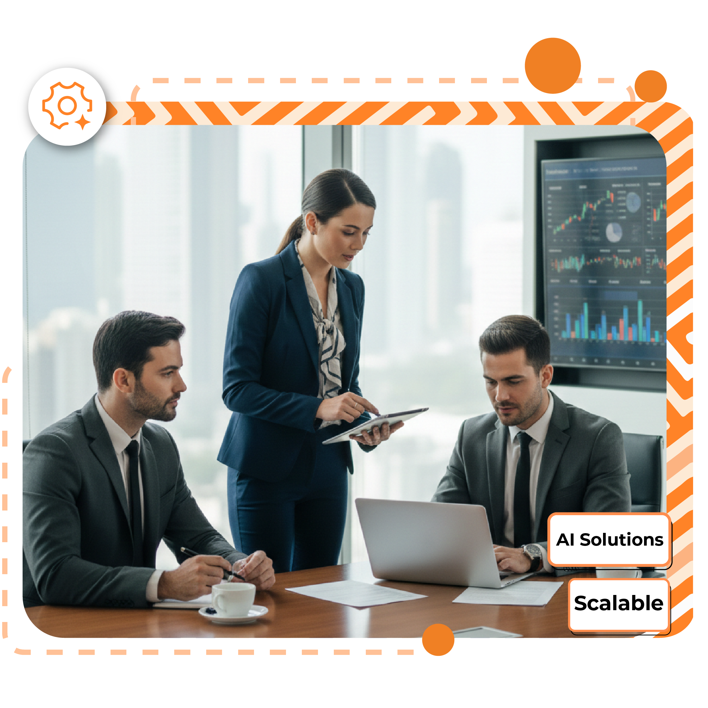 Business-team-reviewing-AI-solutions-with-AI-Solutions-and-Scalable-text-in-background