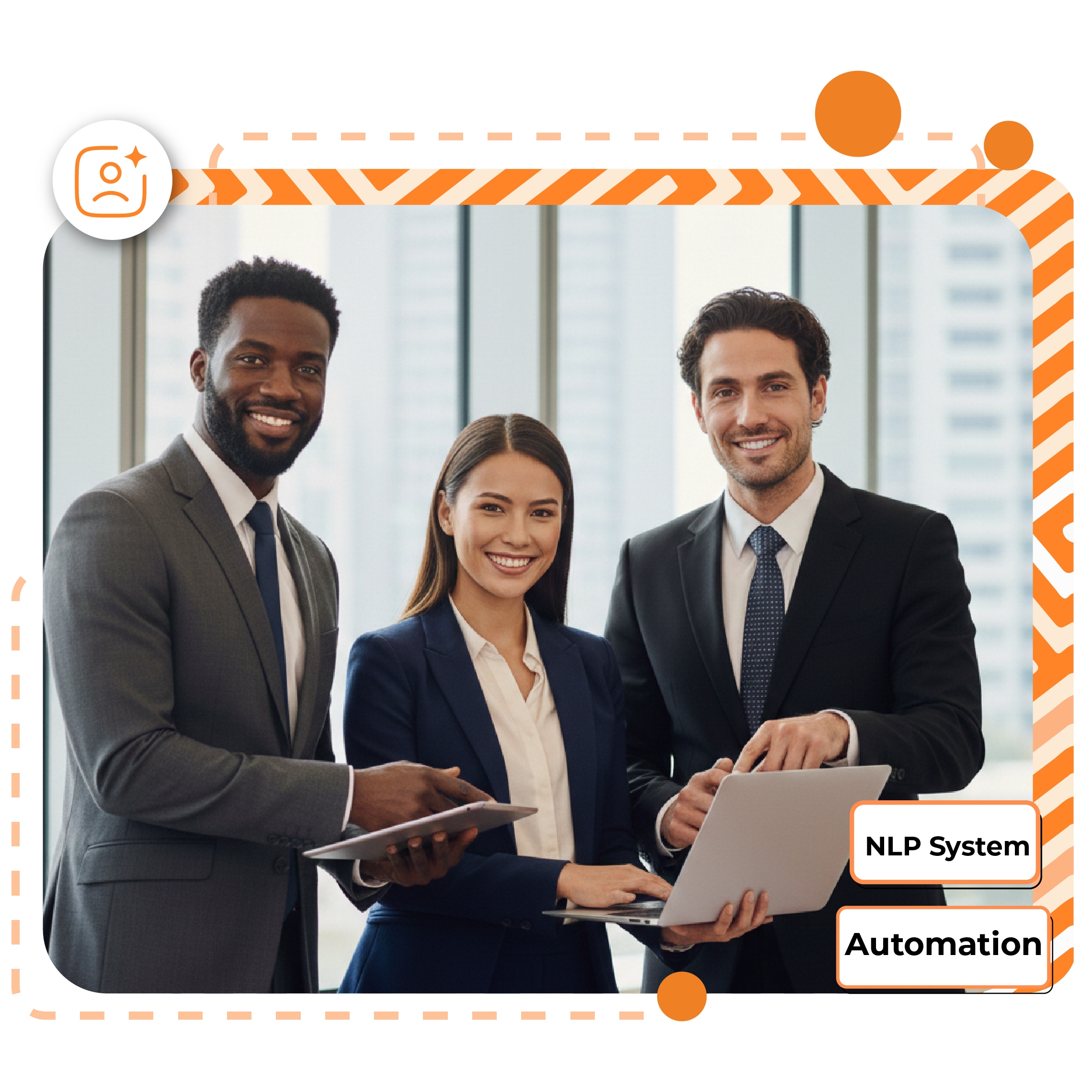 Team-collaborating-around-a-laptop-with-NLP-System-and-Automation-text-in-the-background