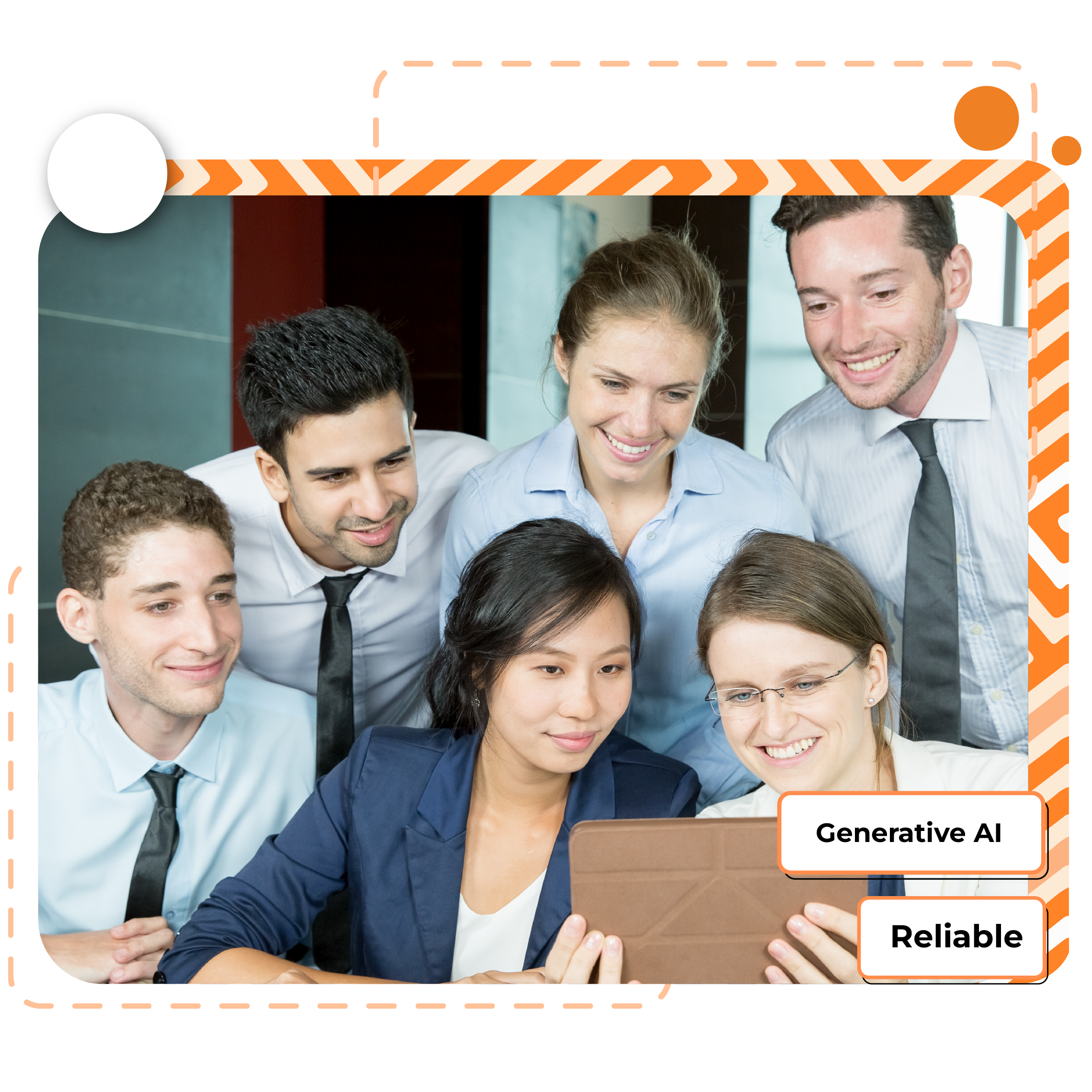 Team-reviewing-a-tablet-in-an-office-with-Generative-AI-and-Reliable-text-in-the-background