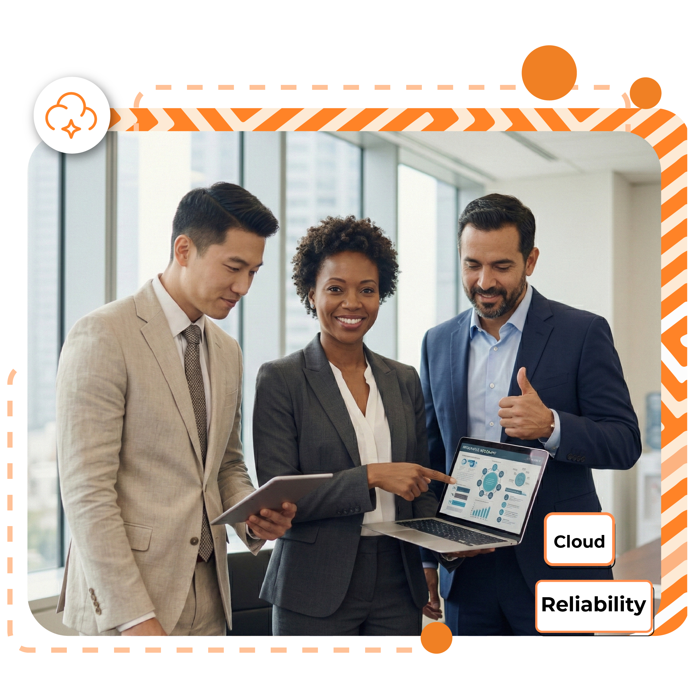 Business-professionals-reviewing-cloud-data-on-a-laptop-with-Cloud-and-Reliability-text