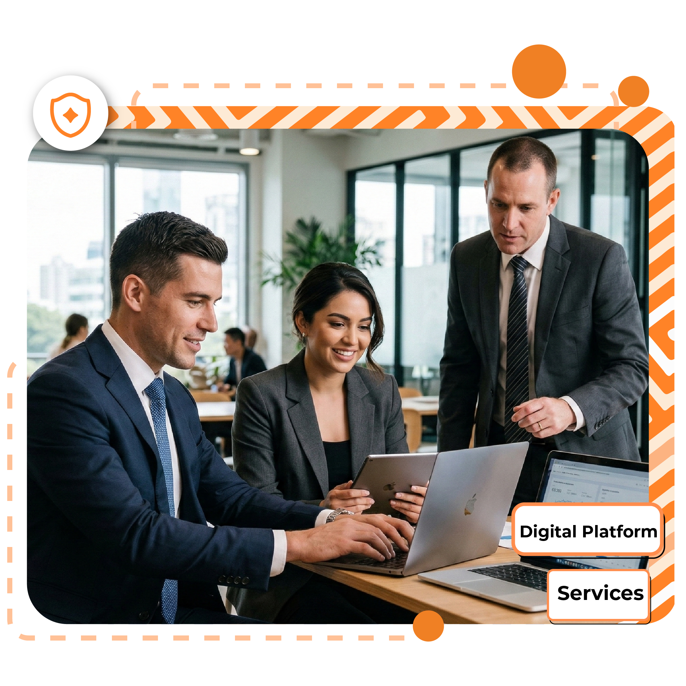 Professionals-reviewing-a-laptop-and-tablet-in-an-office-with-Digital-Platform-and-Services-text-in-the-background